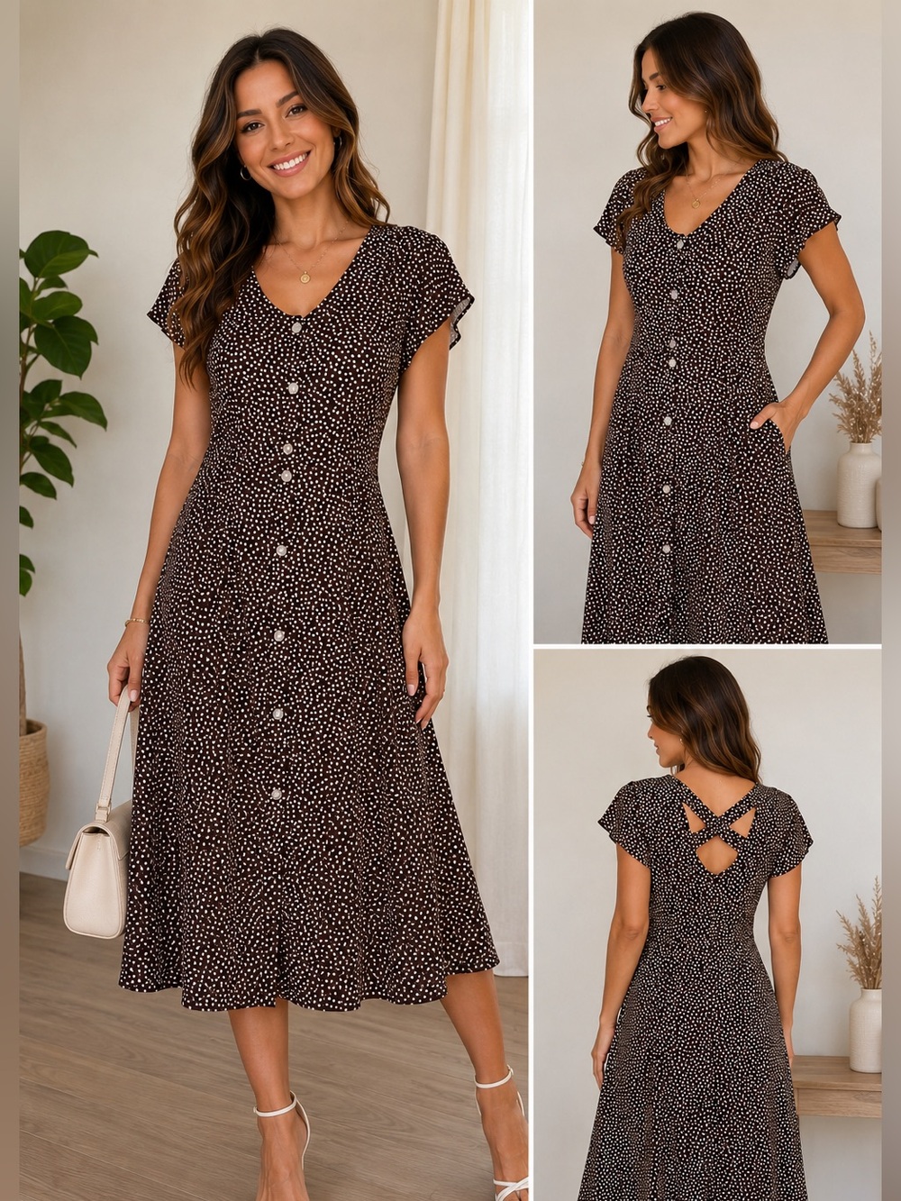 Carol Anderson California Brown White Polka Dot Midi Dress Size 14 Pockets